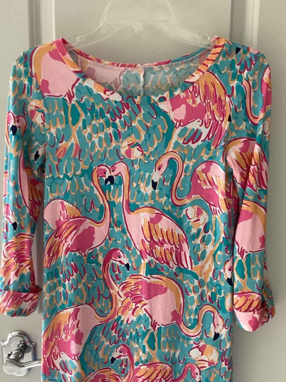 Lilly Pulitzer Turquoise Pink & Gold Flamingo Print Long Sleeve Top
